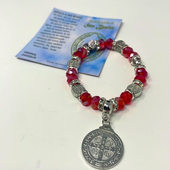 St. Benedict Red Crystal Silver Beaded Stretchy Bracelet - Picture 5 of 7